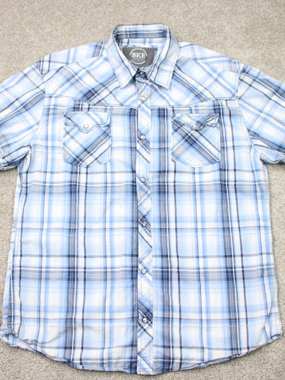 BKE Shirt Mens XL Blue Plaid Athletic Fit Pearl Snap 100% Cotton Short Sleeve